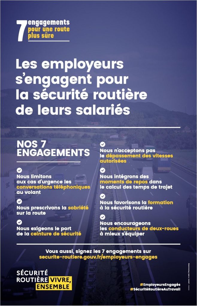 Les employeurs s'engagent pour la sécurité routière de leurs salariés.
Nos 7 engagements :
Nous limitons aux cas d'urgence les conversations téléphoniques au volant.
Nous prescrivons la sobriété sur la route.
Nous exigeons le port de la ceinture de sécurité?
Nous n'acceptons pas les dépassements des vitesses autorisées.
Nous intégrons des moments de repos dans le calcul des temps de trajet.
Nous favorisons la formation à la sécurité routière.
Nous encourageons les conducteurs de deux-roues à mieux s'équiper.
Vous aussi, signez les 7 engagements sur secruite-routiere.gouv.fr/employeurs-engages